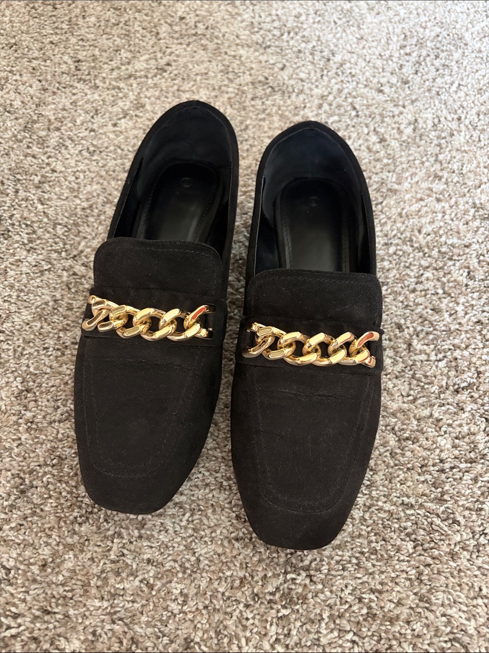 Black Suede Loafers with Gold Chain Accent Women’s 9